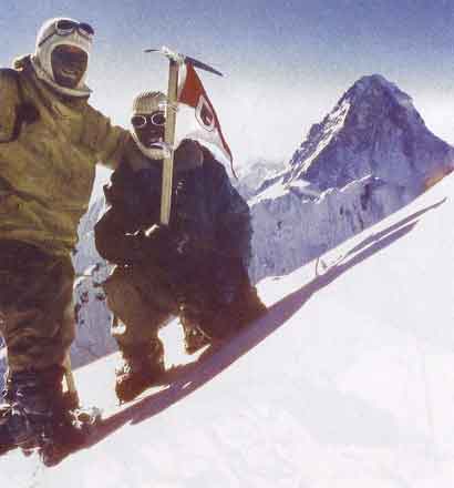 
Broad Peak First Ascent - Fritz Wintersteller and Marcus Schmuck on Broad Peak Summit June 9, 1957 with K2 in background - Broad Peak book
